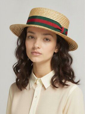 New Bruno Capelo Boater Italia Natural Straw Hat Green Red Ribbon S/M